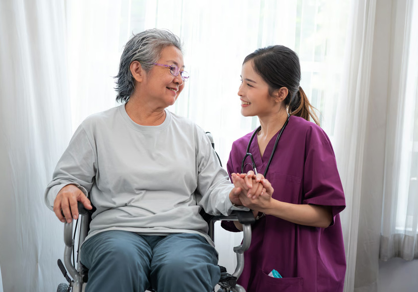 A compassionate hospice nurse holding the hand of an elderly woman with advanced dementia sitting in a wheelchair.
