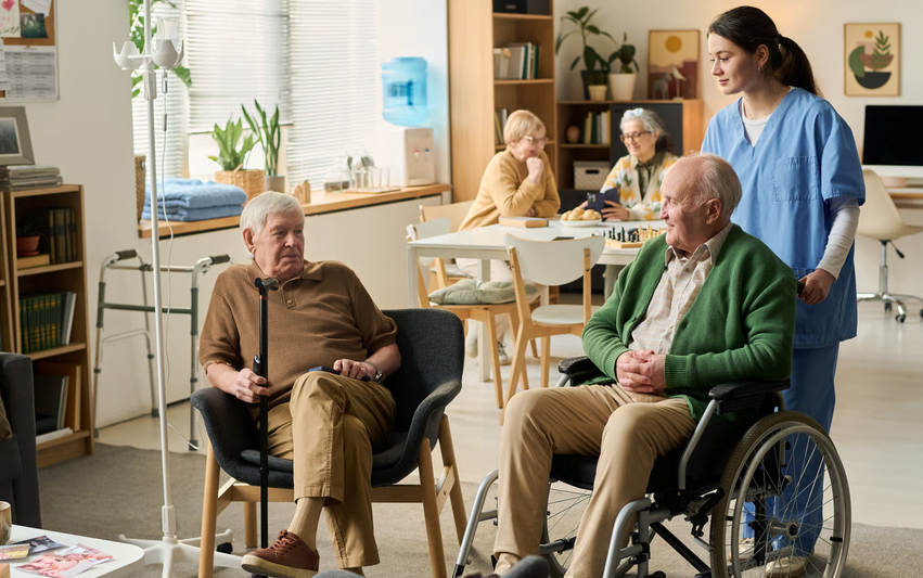 A female hospice nurse in blue scrubs assisting a senior man in a wheelchair within a bright, comfortable care facility living room.