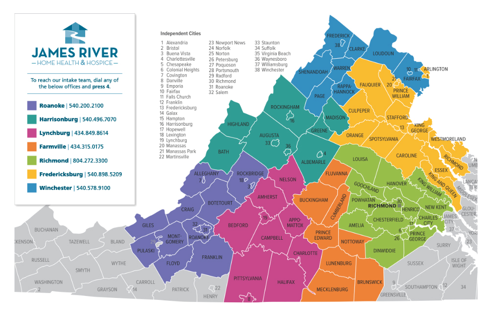 James River Home Health & Hospice Virginia Service Area Map A color-coded map of Virginia showing the service areas and contact information for James River Home Health & Hospice across seven regional hubs.